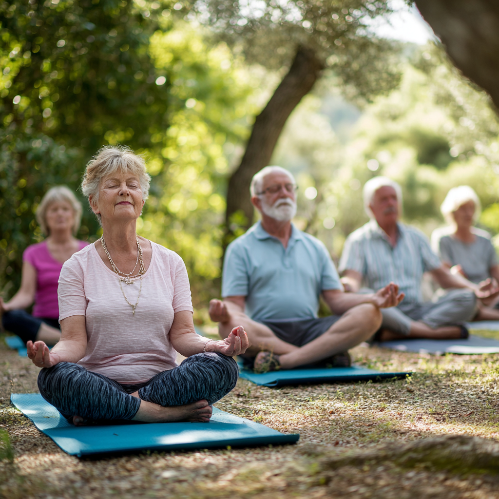 Group of senior adults enjoying yoga session in peaceful natural setting