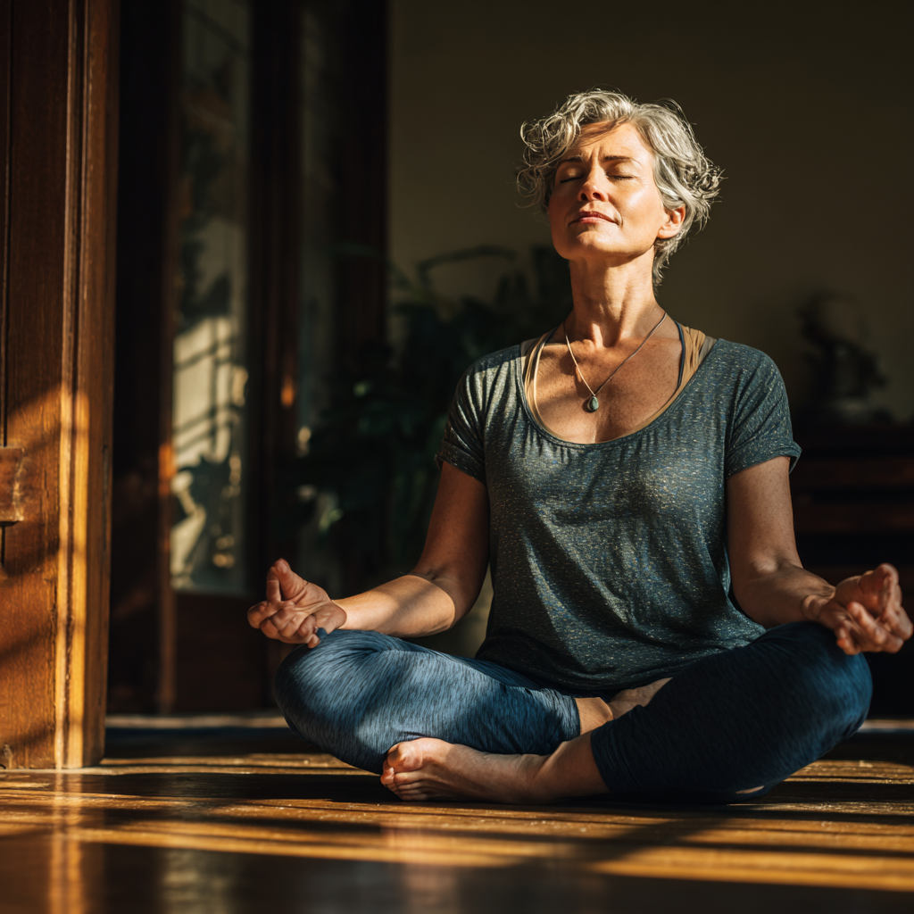 Middle-aged woman practicing mindful yoga in serene studio environment